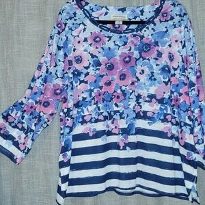 Alfred Dunner Blue and Pink Floral Striped Blouse